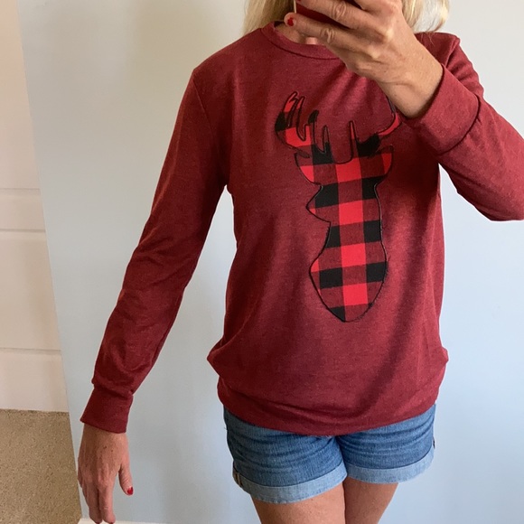 French Terry Long Sleeve Plaid Reindeer Top - Picture 3 of 10
